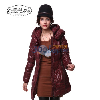 爱美斯正品淑女风新款泡泡领带帽中长款羽绒服清仓A11091 酒红色 (XXXL)180/100A