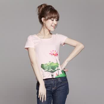 百依秀子 夏之莲印花时尚女装短袖T恤2012-B225 粉色 L