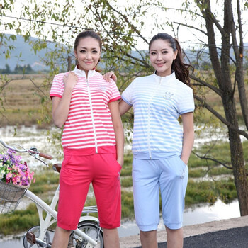 睦隆世家 家居服2012夏款新款女士条纹拉链立领短袖五分短裤运动休闲套装 81346 暗紫 女款XL(170/100)