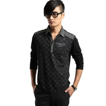 【FEIPINPAI】高端暗纹撞色男款长袖修身T恤(nonbrand)T11-03黑色54(185/100A)