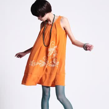 裂帛 2011新 夏装真丝 廓形糖果色连衣裙 单行线4585 橙色 XL