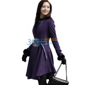 尚贵华2012新款女士韩版韩版狐狸毛领百褶收腰毛呢大衣 紫色 XL
