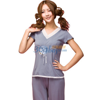 爱帝女士棉莫代尔V领镂空花边短袖长裤家居服9095149311 灰色 XXL