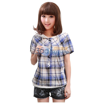 新珑新 SLS 新夏韩版宽松女装女士格子带帽短袖格子衬衫12081W 湖蓝 XL