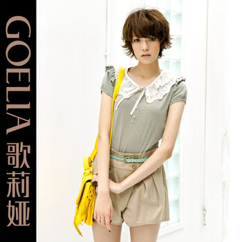 歌莉娅GOELIA 2012夏季新款 荷叶边条纹短袖T恤23E0B970 绿色 L