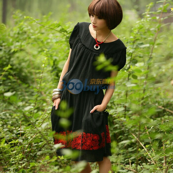 裂帛2011新 绣花抽绳松紧腰 连衣裙 盛夏光年4580 黑色 M