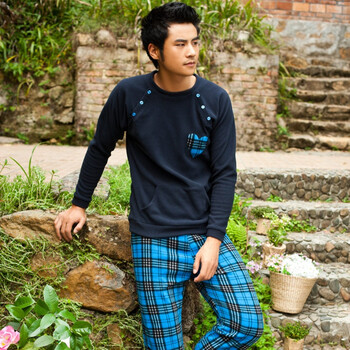 2012秋季新品 歌瑞尔幸福预感摇粒绒休闲睡衣男式情侣家居服套装 深蓝色 XXL
