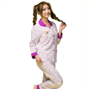 爱帝女士纯棉梭织间条长袖套/家居服9105610211 茄紫 XXL