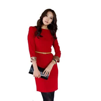 瓦力伊娃 2012女新款春装韩版女装气质修身红色连衣裙七分袖 XL