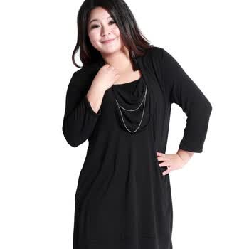 MSSHE 加大码女装2012春装新品胖妞长衫欧美风格连衣裙9077 黑色 2XL