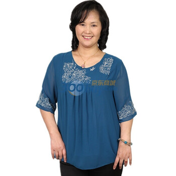 露西法兰 2012中老年女装夏装新款 中袖绣花雪纺T恤 JS-B-5雪纺 蓝色 XXXL
