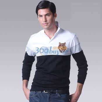 七匹狼男装POLO长袖T恤狼头 黑色 XXXL