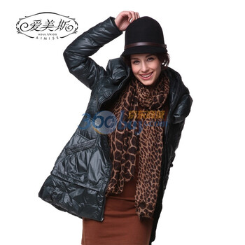 爱美斯正品淑女风新款泡泡领带帽中长款羽绒服清仓A11091 深蓝色 (XXXL)180/100A