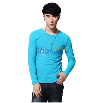 唐狮Tolion男装纯色全棉圆领长袖T恤衫111111025401 青色 XL