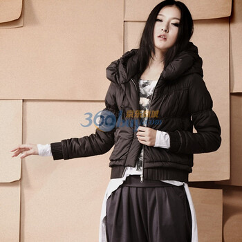 自然逸 女装时尚带帽修身短款棉衣113w081 黑色 XL