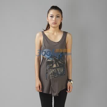 自然逸 女装2011夏装 新品 大码 无袖 假两件套 热门 T恤 T014 深灰色 M