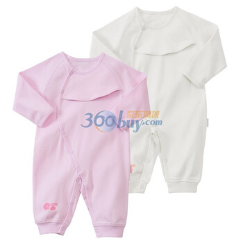 贝贝怡 婴儿连体衣春夏宝宝爬爬服哈衣 幼儿衣服侧开扣加围嘴内衣2件组合装 2J128 淡粉和米白 18个月/身高86