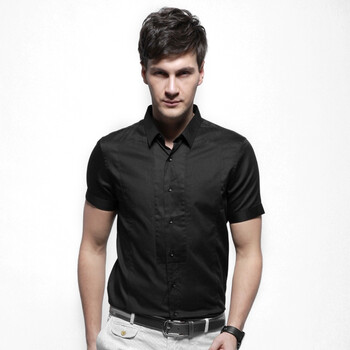 GXG 衬衫男士相拼修身短袖衬衫#02123207 黑