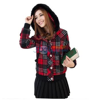洛熙 RR 秋冬女拼毛织加绒格子呢绒短款带帽外套1129107 红格 XL