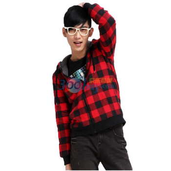 唐狮Tonlion男士格子连帽开衫卫衣111411034401 酒红色 XXL