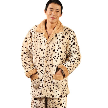 好家猫 秋冬新款珊瑚绒加厚男士豹纹套装家居服HJM1936 浅咖啡色 XXL