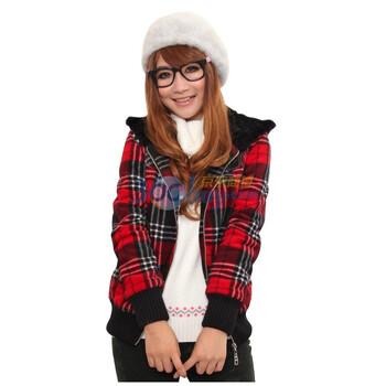 新珑新 slomsin 韩版女装带帽毛领长袖格子呢绒外套9193 红色 XL