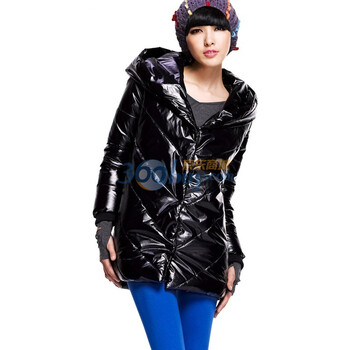 七格格 othermix 时尚网格新款 冬季亮面皮连帽棉服 12V40042 黑色 XL