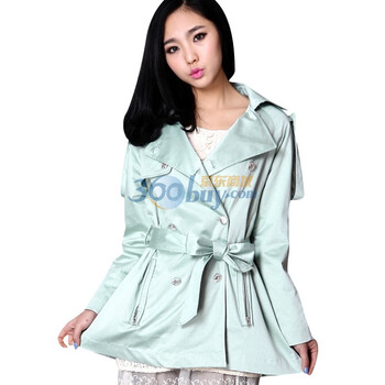 韩都衣舍 韩国风衣春季新品新年春装女纯色双排扣风衣DQ1560 薄荷色 M