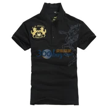 Wantdo男士T恤立领时尚修身皇马绣花短袖t恤 黑色 185(XXL)