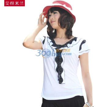 艾得米兰 2012新款 蝴蝶结蕾丝花边短袖圆领甜美T恤上衣 女 时尚白色短袖t恤 WWT028 白色 L