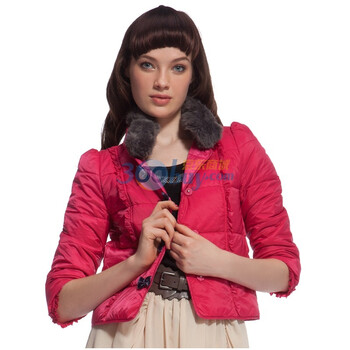 Ochirly欧时力 外套 新款玫红色毛领八分袖夹棉外套1114041000 洋红 (品红 玫瑰红) L