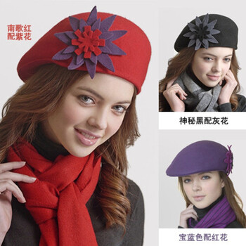 南歌子Nangeangel芭比公主幸运星贝雷帽女士100%毛呢秋冬款 南歌红