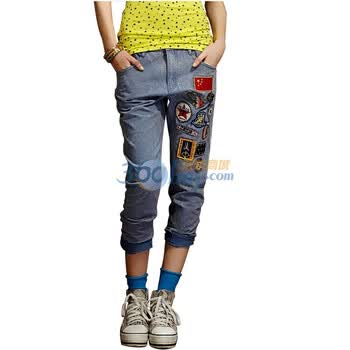 妖精的口袋 ELFSACK 欢乐的鹅卵石 2012春夏新品 贴布刺绣徽章牛仔裤 218011 蓝色 L