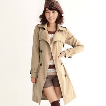 言若 2012新款韩版女长款修身卡其色双排扣春季风衣外套 FY405516 卡其 XL
