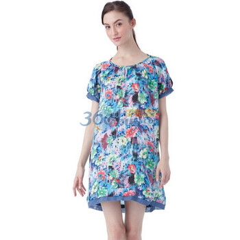 Lure 璐儿 浪漫蓝绿色自然色系印花撞色短袖连衣裙子LR110696 XL