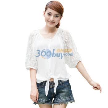 蝶恋 新款韩版甜美蕾丝中袖雪纺衫 110802 白色 均码