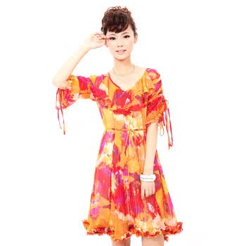 音曲女装 秋冬新品 撞色中袖连衣裙 ECQSL2050 橘色 XL