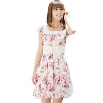 妮蕾迪 2012夏季新款时尚淑女高腰显瘦荷叶边碎花雪纺连衣裙2111