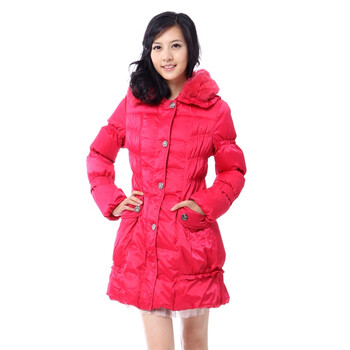 新品 雅鹿 兔毛领淑女中长款羽绒服 ^@^YM10580 芙蓉红 XXXL