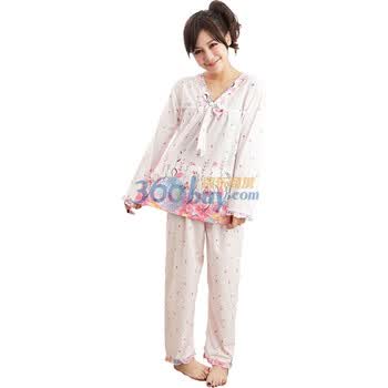 好家猫 韩版新款V领碎花田园风女士棉质套装睡衣309 肉色 XL