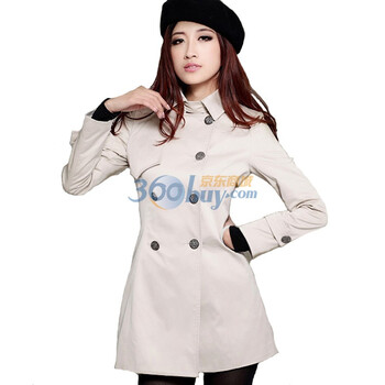 EyesonU 优雅修身春秋女外套OL通勤时尚中长款大码风衣 F07001 米色 XXL