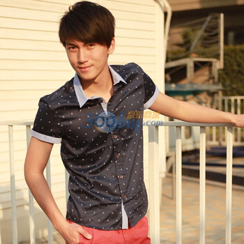 OWENWONG 男短袖小圆点印花衬衫 休闲衬衣 WU21C017 52深蓝 XL