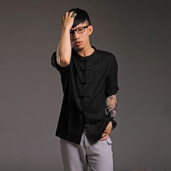 柒唐潮人 男短袖唐装上衣 亚麻T恤时尚唐服50