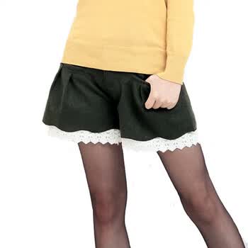 韩都衣舍 韩国短裤秋冬季新品女蕾丝边毛呢短裤MV1017 军绿色 L