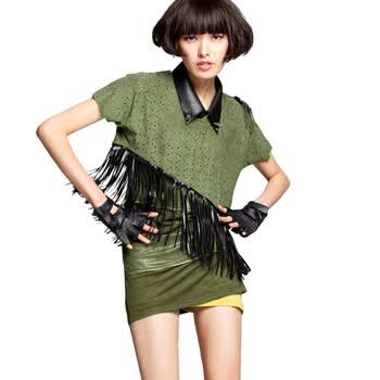 七格格OTHERMIX2012夏装时尚留须宽松圆领短款短袖T恤女潮22A1101 军绿色 L