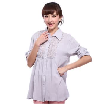妮蕾迪 2012春装新款立体蕾丝花装饰宽松棉衬衫815 浅灰色 均码