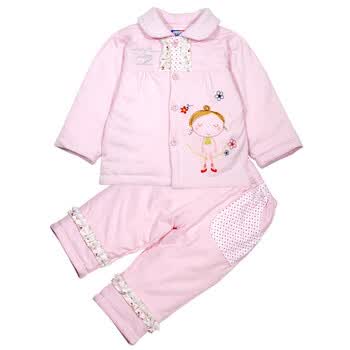 法国安宝儿 婴儿衣服宝宝服饰套装女童装 可爱公主铺棉翻领开胸套 春秋款棉衣 家居服宝宝套 A7117 粉红 18M/