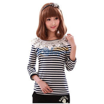 新珑新 SLS 新春夏女装日韩甜美条纹蕾丝七分袖T恤打底衫 T5029 蓝色 L