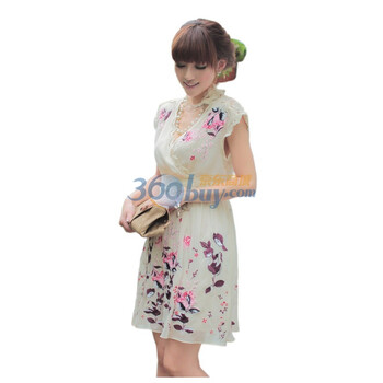 薇薇花开 绝色仙妃 2012新艺术绣花蝙蝠袖修身仙女飘逸真丝连衣裙QQ2110609W004 米色 M