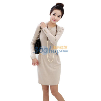 维妮 VINEY 2012新款女装裙子时尚韩版淑女长袖OL通勤修身显身材连衣裙71018 杏色 L